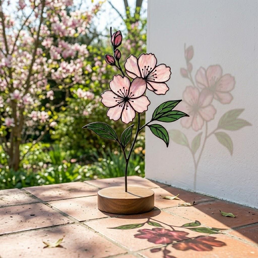 Handcrafted 3D stained glass pink cherry blossom sakura flower standing on a solid wooden base casting colored shadows on a desk, perfect Mother's Day gift.