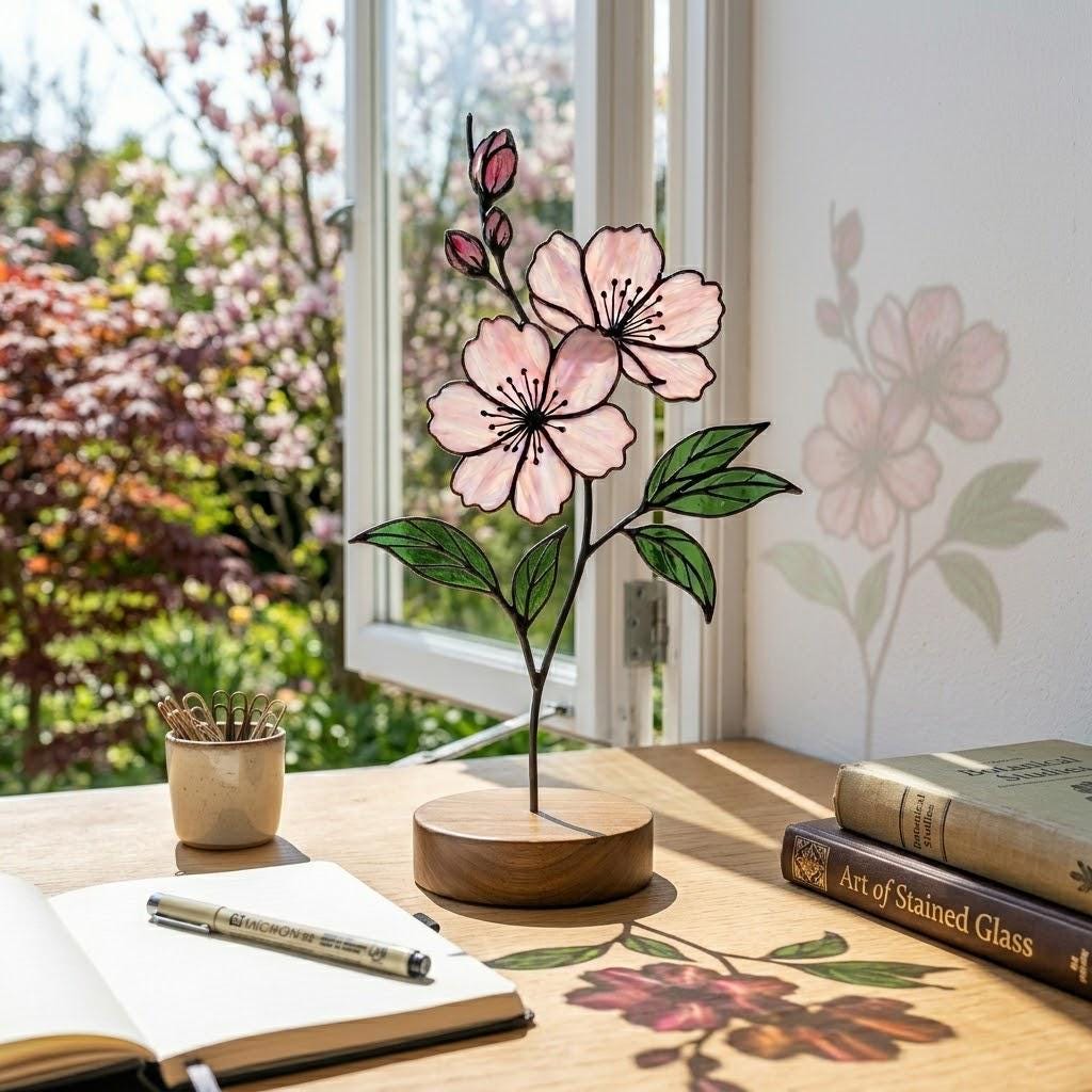 Handcrafted 3D stained glass pink cherry blossom sakura flower standing on a solid wooden base casting colored shadows on a desk, perfect Mother's Day gift.