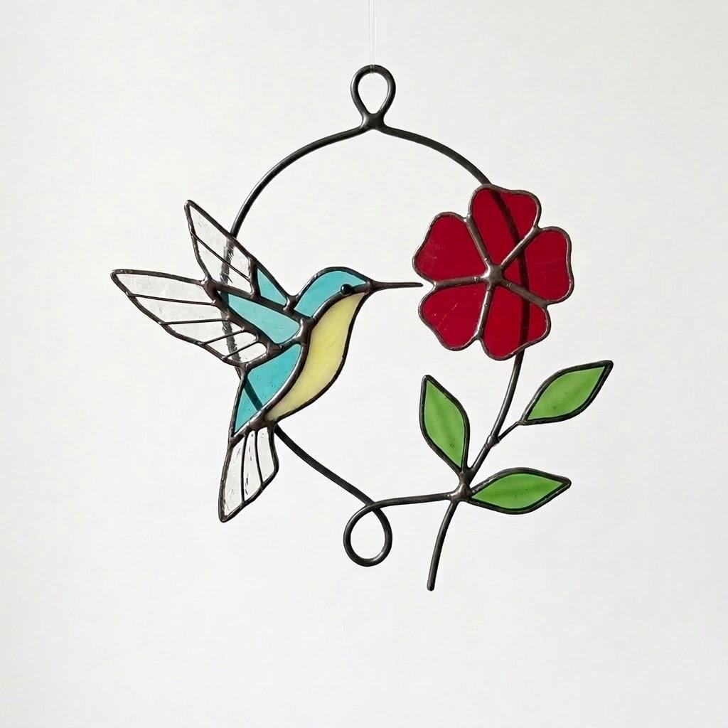 Handmade stained glass blue hummingbird and red spring flower suncatcher in copper wire hoop, floral window hanging gift for mother's day.