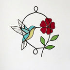 Handmade stained glass blue hummingbird and red spring flower suncatcher in copper wire hoop, floral window hanging gift for mother's day.