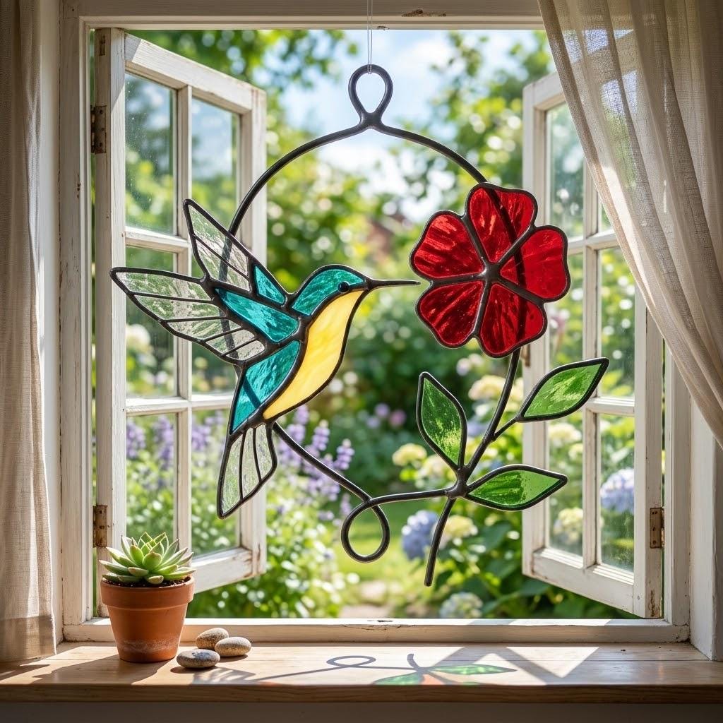 Handmade stained glass blue hummingbird and red spring flower suncatcher in copper wire hoop, floral window hanging gift for mother's day.