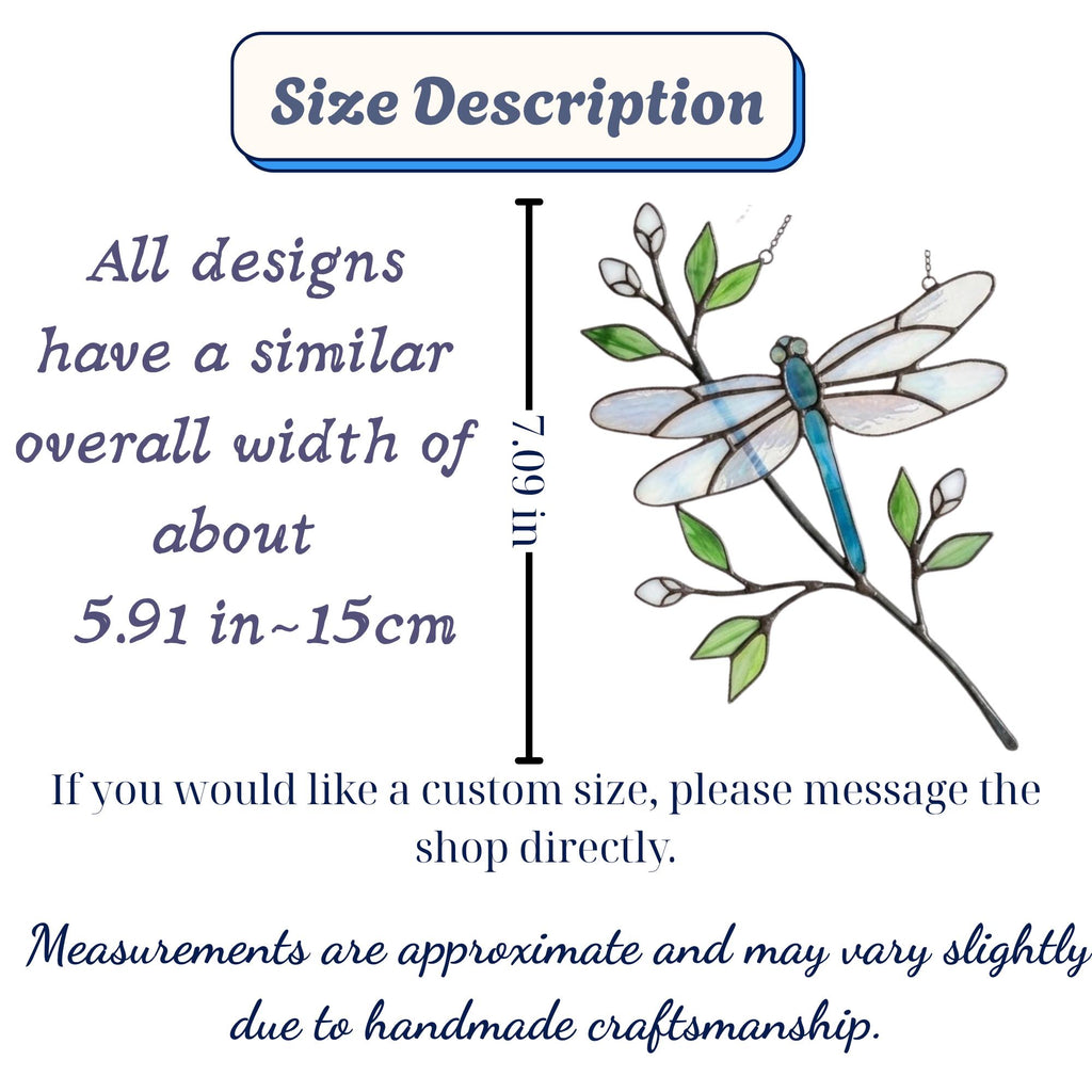 Handcrafted iridescent stained glass dragonfly suncatcher on a branch casting colored shadows, perfect memorial or Mother's Day window decor gift.