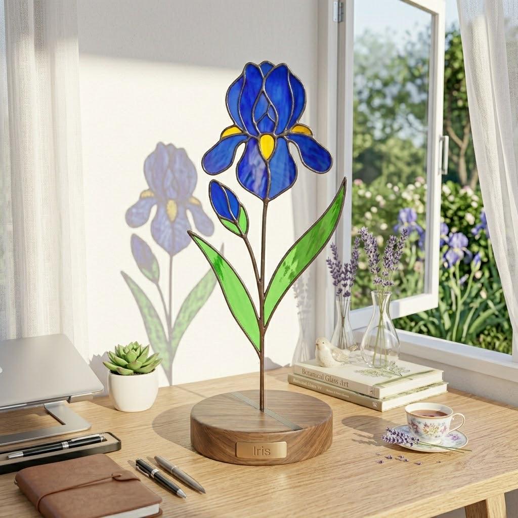 Handcrafted 3D stained glass blue iris flower standing on a wooden base with a brass nameplate, casting colored shadows, perfect Mother's Day desk decor gift.