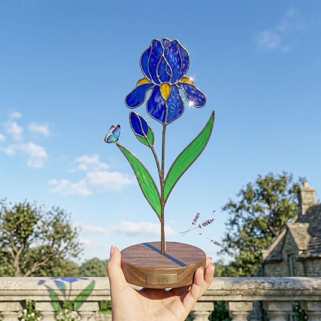 Handcrafted 3D stained glass blue iris flower standing on a wooden base with a brass nameplate, casting colored shadows, perfect Mother's Day desk decor gift.