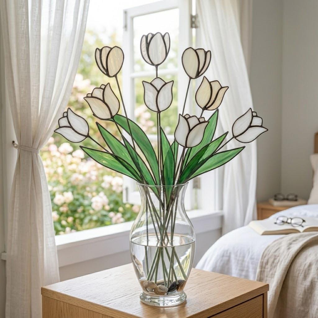 Handcrafted stained glass tulip flowers on long wire stems arranged in a sunlit vase casting colored shadows, perfect everlasting Mother's Day bouquet gift.
