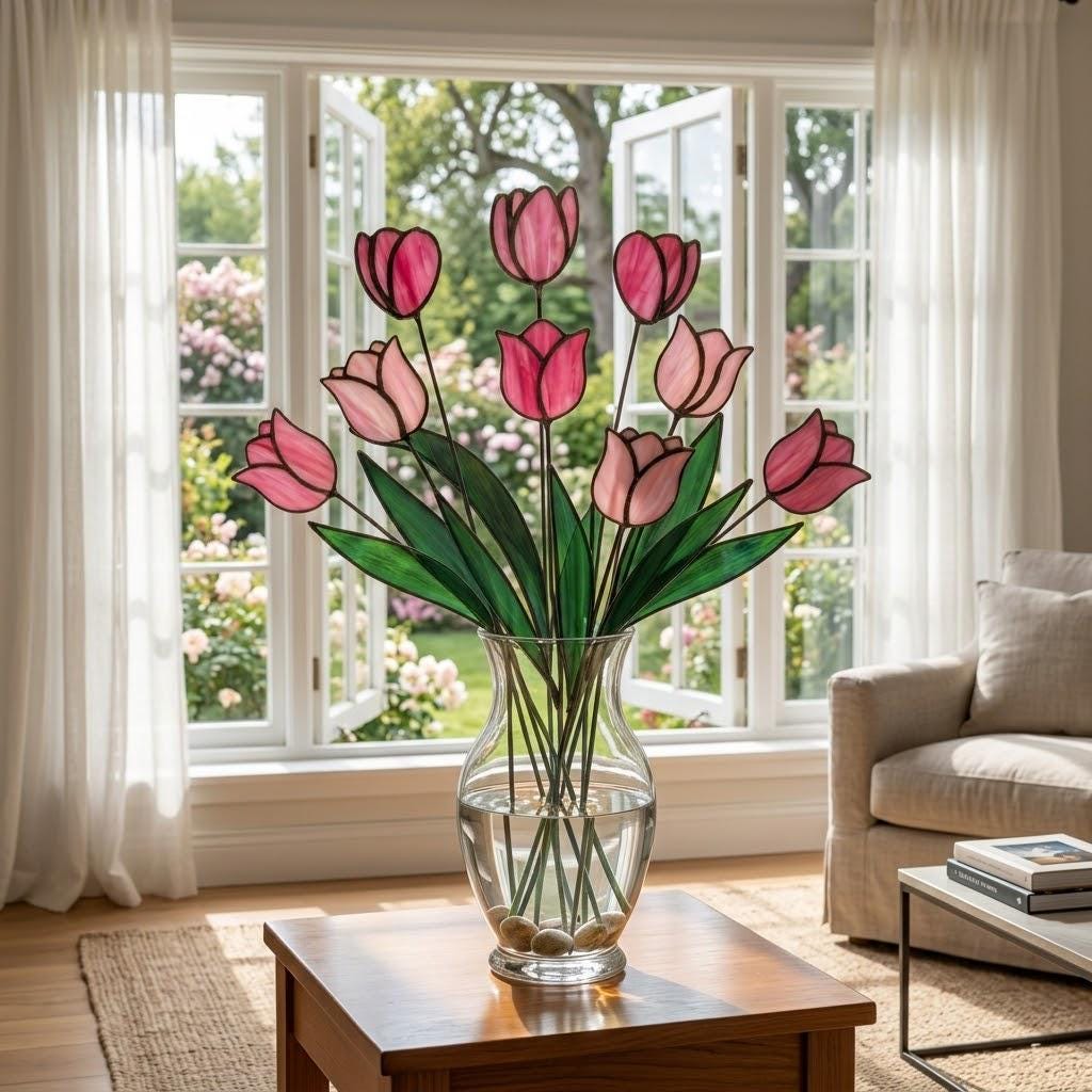 Handcrafted stained glass tulip flowers on long wire stems arranged in a sunlit vase casting colored shadows, perfect everlasting Mother's Day bouquet gift.