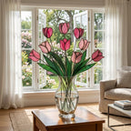 Handcrafted stained glass tulip flowers on long wire stems arranged in a sunlit vase casting colored shadows, perfect everlasting Mother's Day bouquet gift.