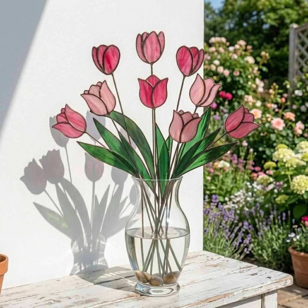 Handcrafted stained glass tulip flowers on long wire stems arranged in a sunlit vase casting colored shadows, perfect everlasting Mother's Day bouquet gift.