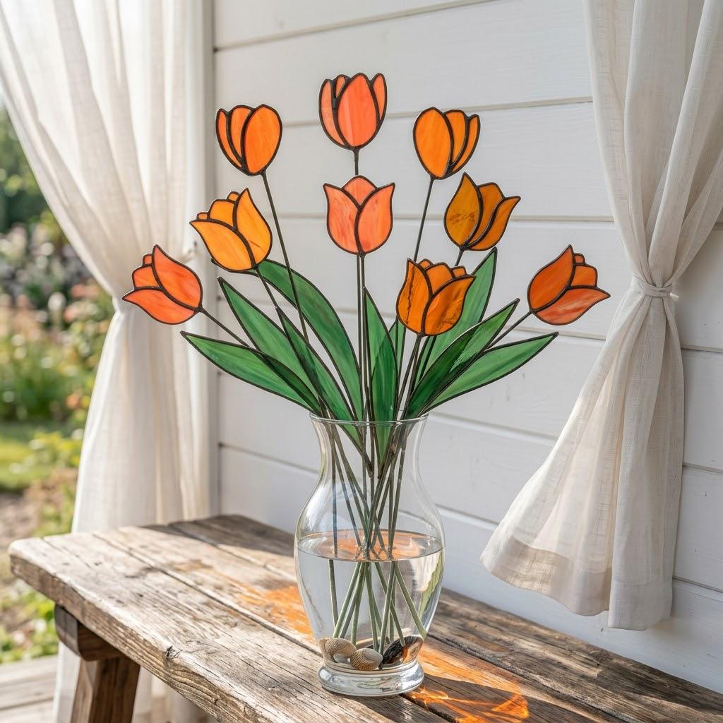 Handcrafted stained glass tulip flowers on long wire stems arranged in a sunlit vase casting colored shadows, perfect everlasting Mother's Day bouquet gift.