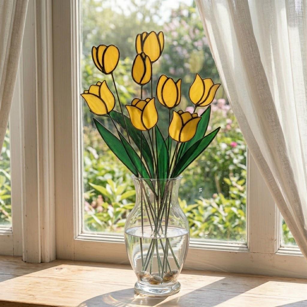Handcrafted stained glass tulip flowers on long wire stems arranged in a sunlit vase casting colored shadows, perfect everlasting Mother's Day bouquet gift.