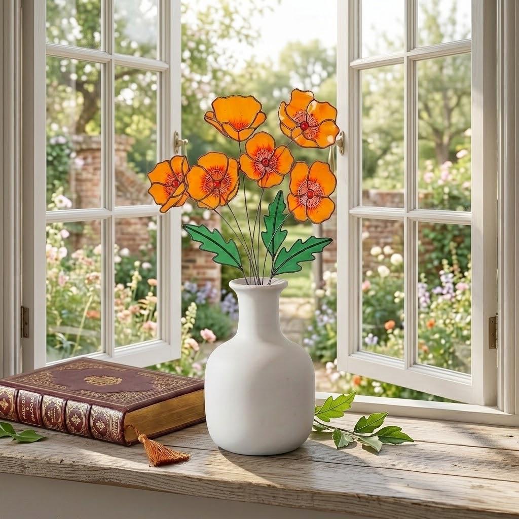 Handmade stained glass orange California poppy flower bouquet with long stems arranged in a vase, forever floral home decor gift for Mother's Day.