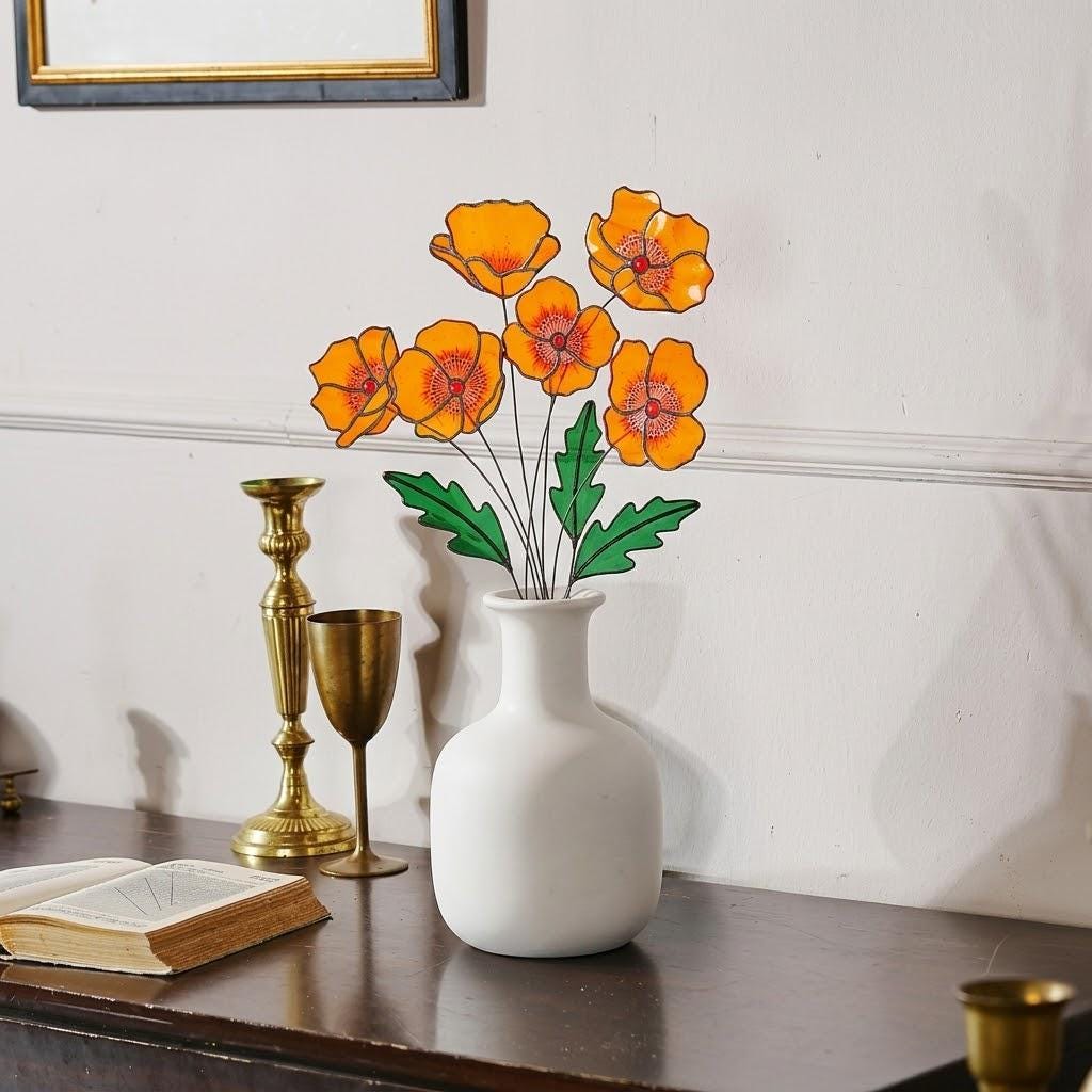 Handmade stained glass orange California poppy flower bouquet with long stems arranged in a vase, forever floral home decor gift for Mother's Day.