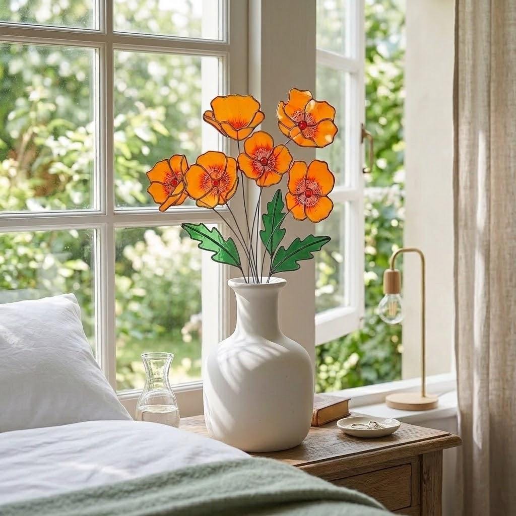 Handmade stained glass orange California poppy flower bouquet with long stems arranged in a vase, forever floral home decor gift for Mother's Day.