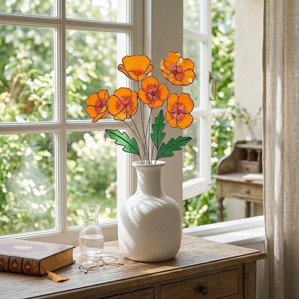 Handmade stained glass orange California poppy flower bouquet with long stems arranged in a vase, forever floral home decor gift for Mother's Day.