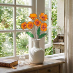 Handmade stained glass orange California poppy flower bouquet with long stems arranged in a vase, forever floral home decor gift for Mother's Day.