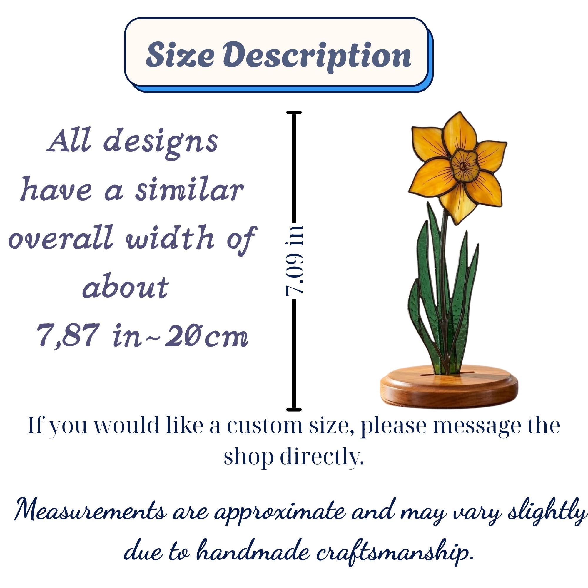 Handmade stained glass yellow daffodil flower plant stake on solid wood base, spring botanical desk decor and personalized March birth month gift for mom.