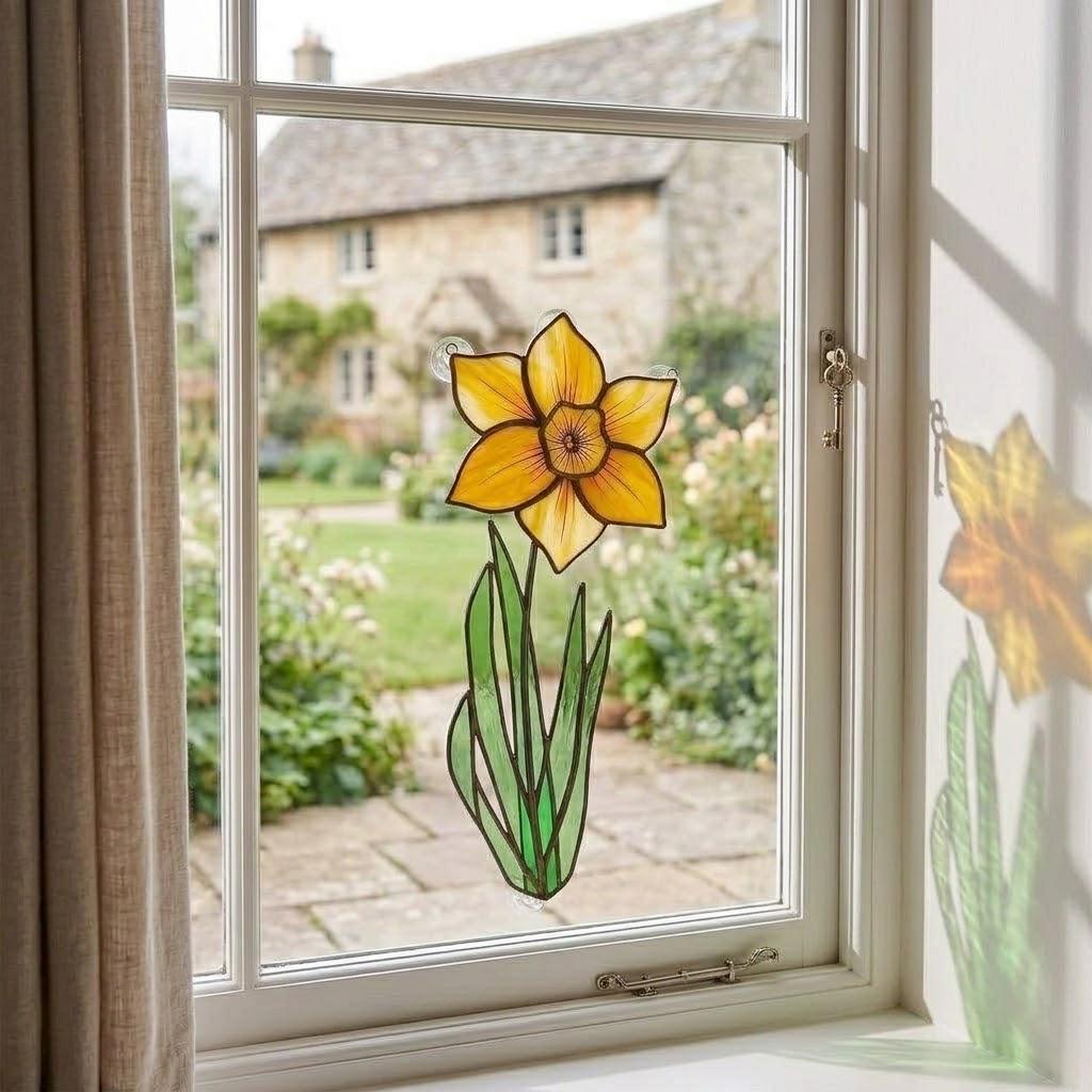 Handmade stained glass yellow daffodil flower plant stake on solid wood base, spring botanical desk decor and personalized March birth month gift for mom.