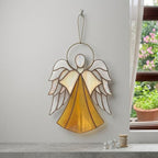 Handmade stained glass guardian angel suncatcher with amber dress and iridescent wings, premium memorial sympathy gift and christian window hanging decor.