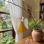 Handmade stained glass guardian angel suncatcher with amber dress and iridescent wings, premium memorial sympathy gift and christian window hanging decor.