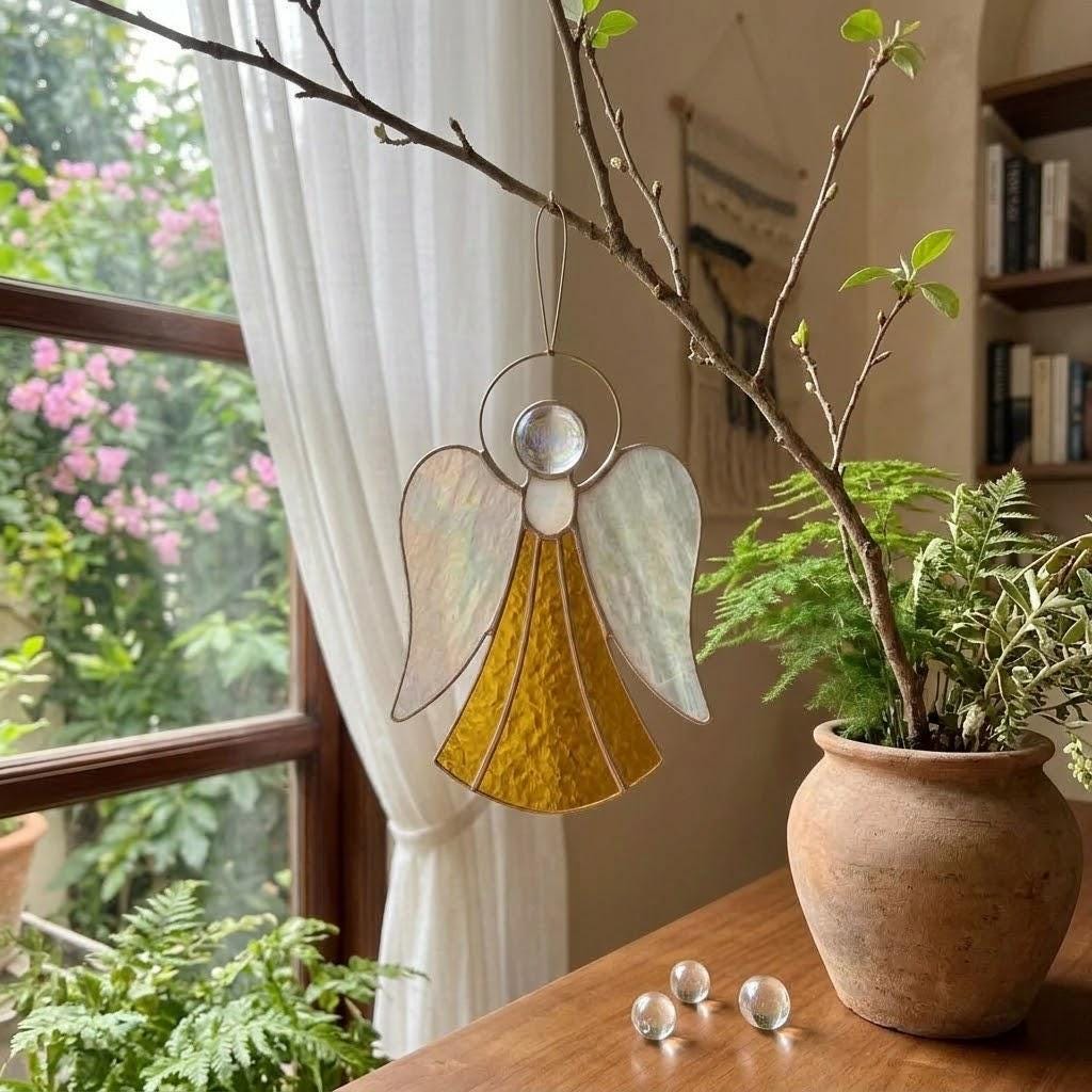 Handmade stained glass guardian angel suncatcher with amber dress and iridescent wings, premium memorial sympathy gift and christian window hanging decor.