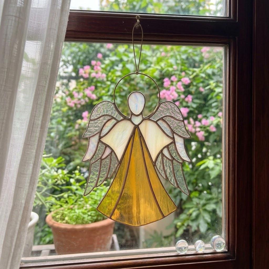 Handmade stained glass guardian angel suncatcher with amber dress and iridescent wings, premium memorial sympathy gift and christian window hanging decor.