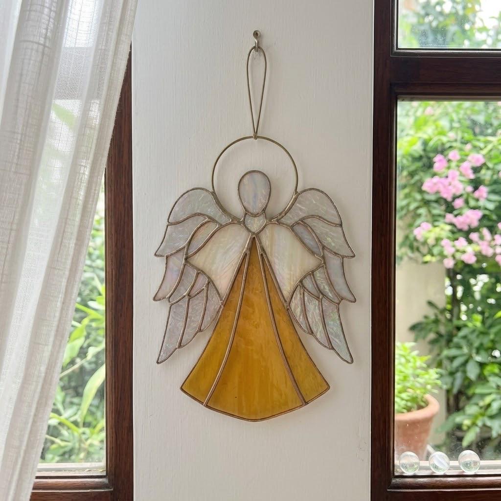Handmade stained glass guardian angel suncatcher with amber dress and iridescent wings, premium memorial sympathy gift and christian window hanging decor.