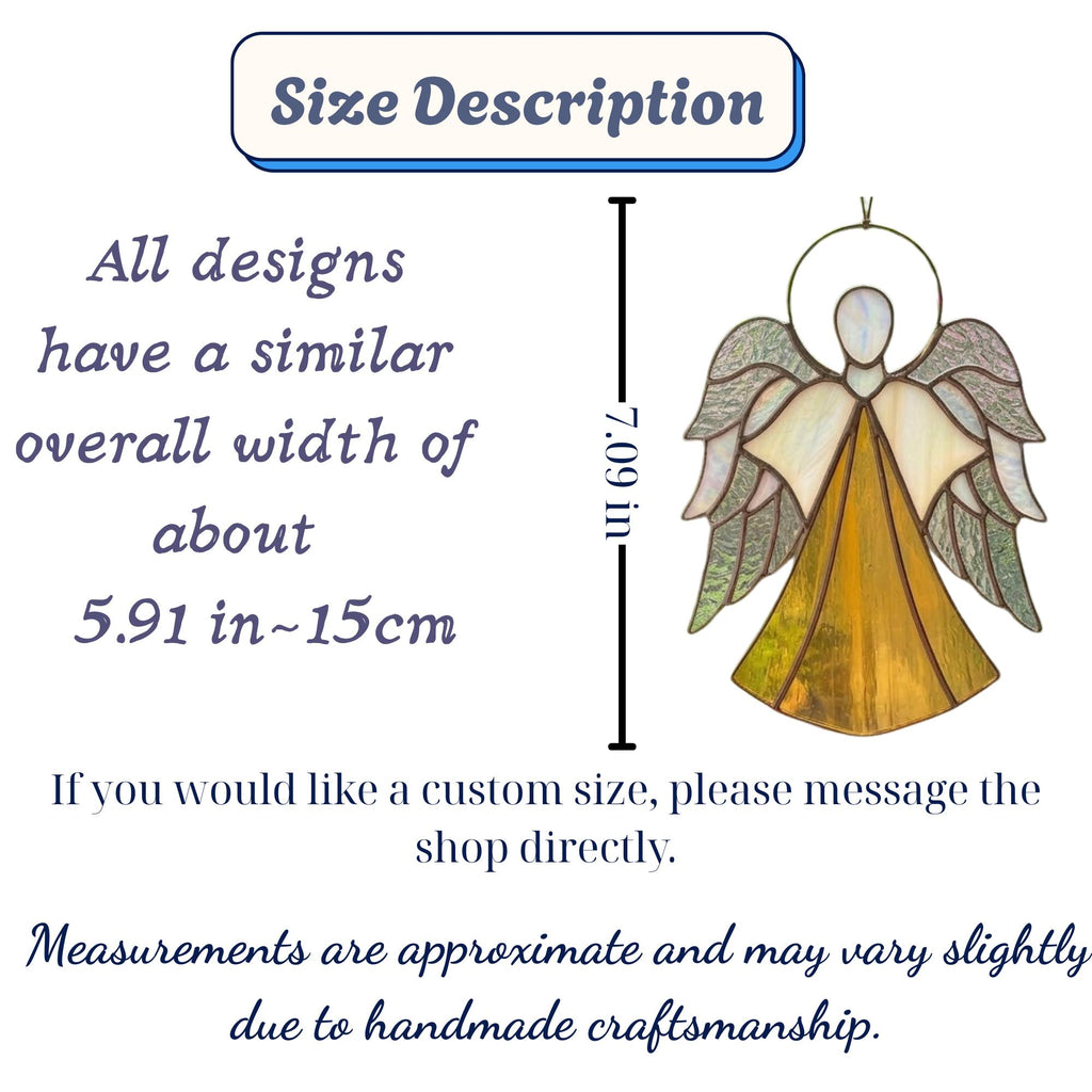 Handmade stained glass guardian angel suncatcher with amber dress and iridescent wings, premium memorial sympathy gift and christian window hanging decor.