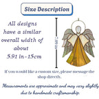 Handmade stained glass guardian angel suncatcher with amber dress and iridescent wings, premium memorial sympathy gift and christian window hanging decor.