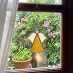 Handmade stained glass guardian angel suncatcher with amber dress and iridescent wings, premium memorial sympathy gift and christian window hanging decor.