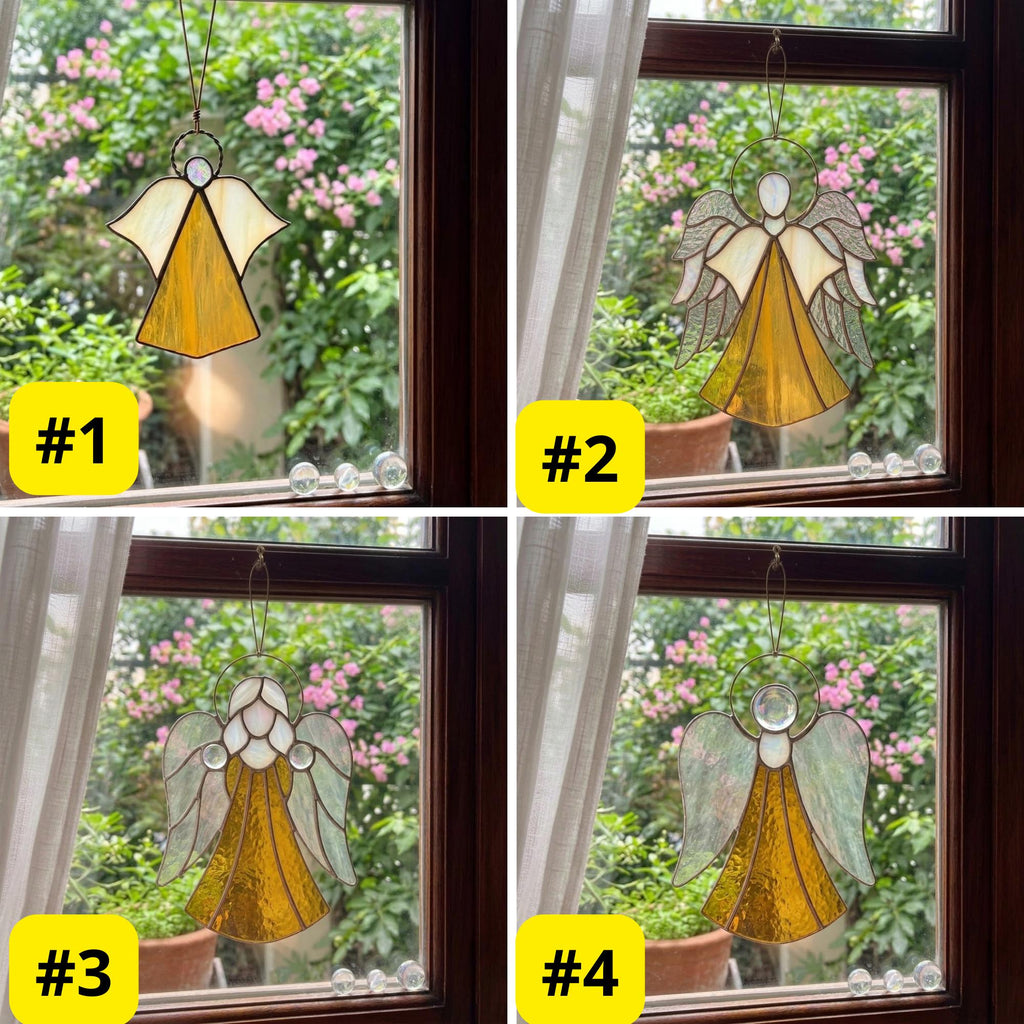 Handmade stained glass guardian angel suncatcher with amber dress and iridescent wings, premium memorial sympathy gift and christian window hanging decor.
