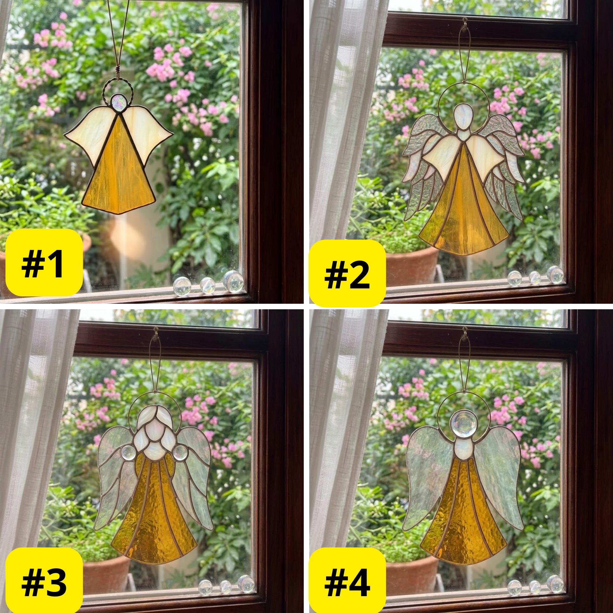 Handmade stained glass guardian angel suncatcher with amber dress and iridescent wings, premium memorial sympathy gift and christian window hanging decor.