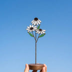 Handmade stained glass 3 stem white daisy and yellow black-eyed susan flower bouquet standing on solid wood base, botanical spring desk decor gift for Mother's day.