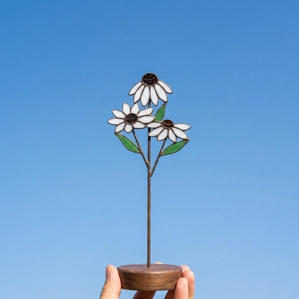 Handmade stained glass 3 stem white daisy and yellow black-eyed susan flower bouquet standing on solid wood base, botanical spring desk decor gift for Mother's day.