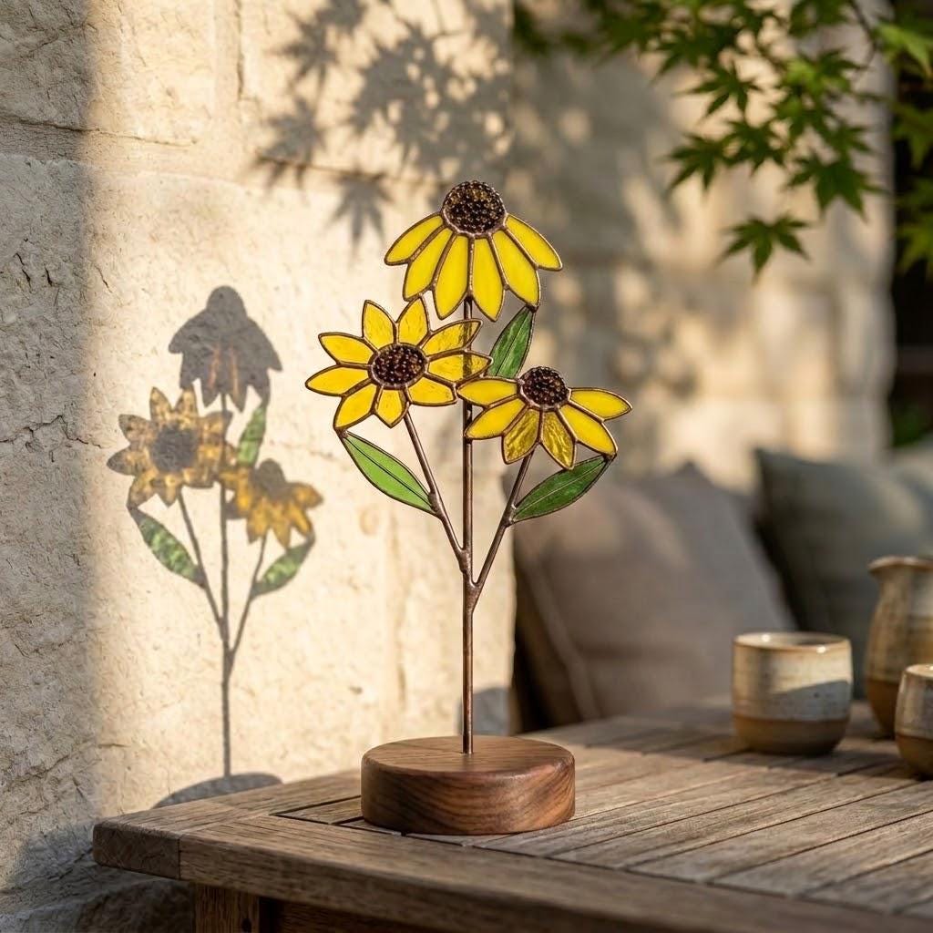 Handmade stained glass 3 stem white daisy and yellow black-eyed susan flower bouquet standing on solid wood base, botanical spring desk decor gift for Mother's day.