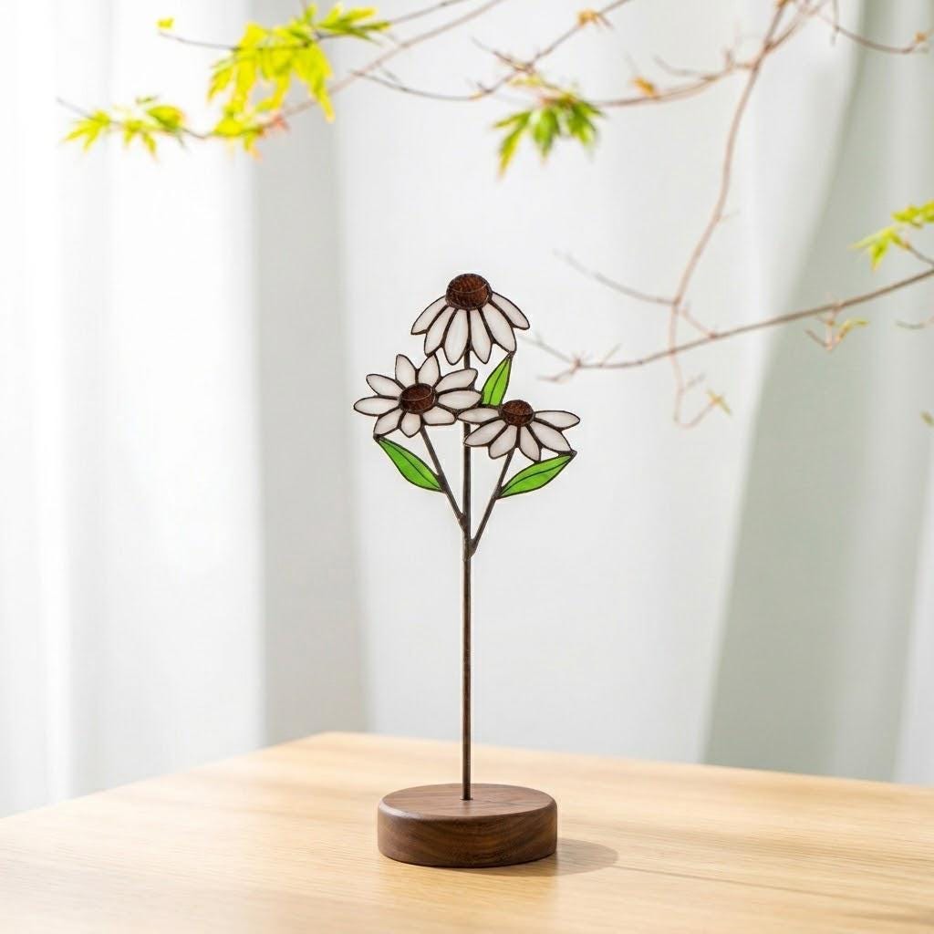 Handmade stained glass 3 stem white daisy and yellow black-eyed susan flower bouquet standing on solid wood base, botanical spring desk decor gift for Mother's day.