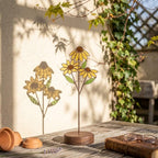 Handmade stained glass 3 stem white daisy and yellow black-eyed susan flower bouquet standing on solid wood base, botanical spring desk decor gift for Mother's day.