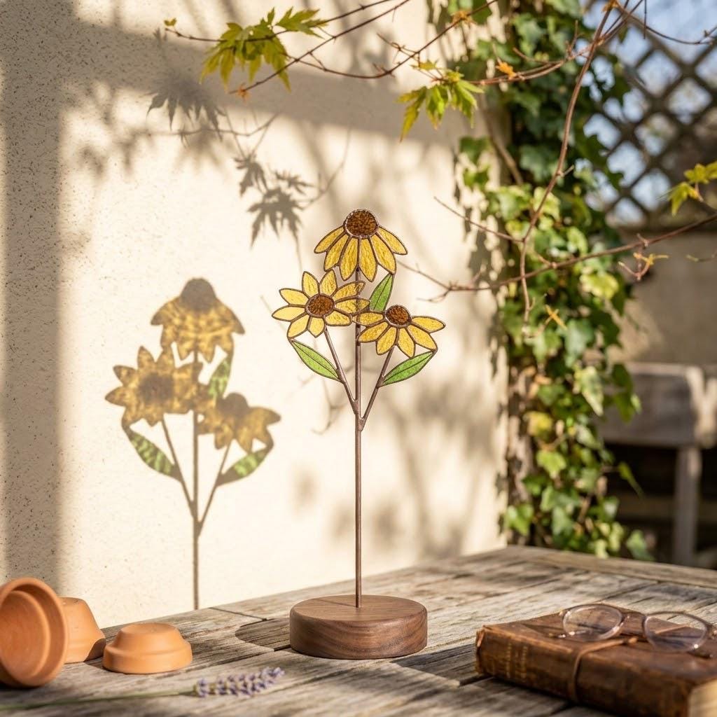Handmade stained glass 3 stem white daisy and yellow black-eyed susan flower bouquet standing on solid wood base, botanical spring desk decor gift for Mother's day.