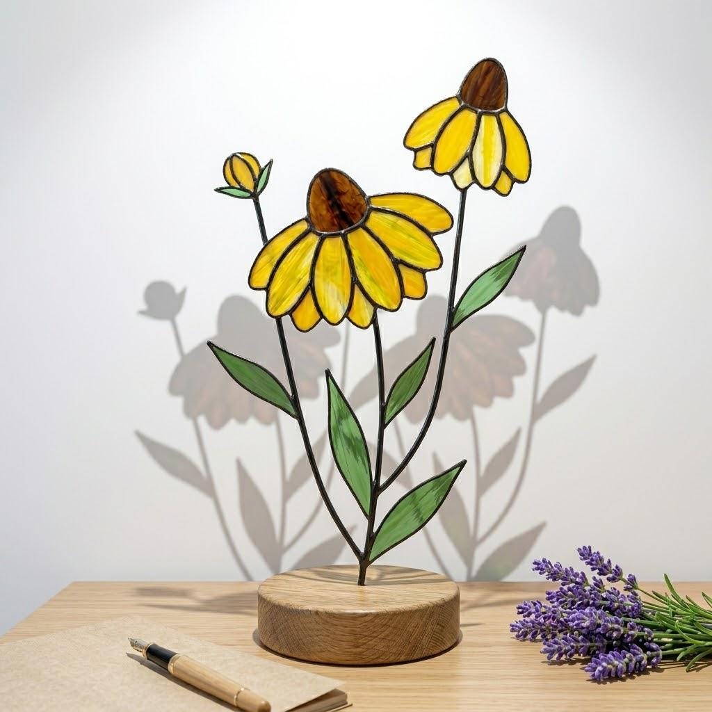 Handcrafted stained glass coneflower black eyed susan family bouquet standing on a custom personalized engraved wooden base casting colored shadows, perfect Mom's garden Mother's Day desk decor gift.