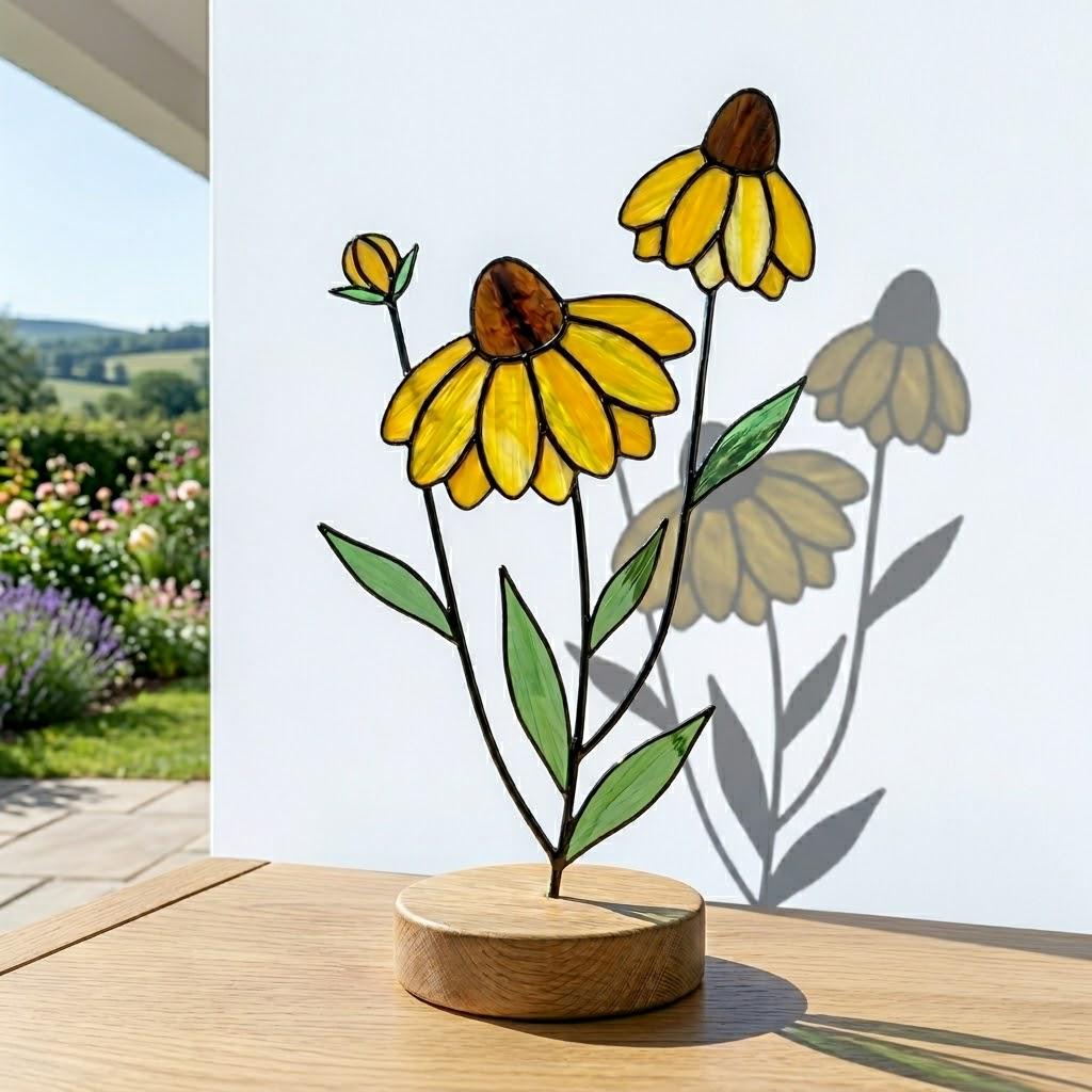 Handcrafted stained glass coneflower black eyed susan family bouquet standing on a custom personalized engraved wooden base casting colored shadows, perfect Mom's garden Mother's Day desk decor gift.