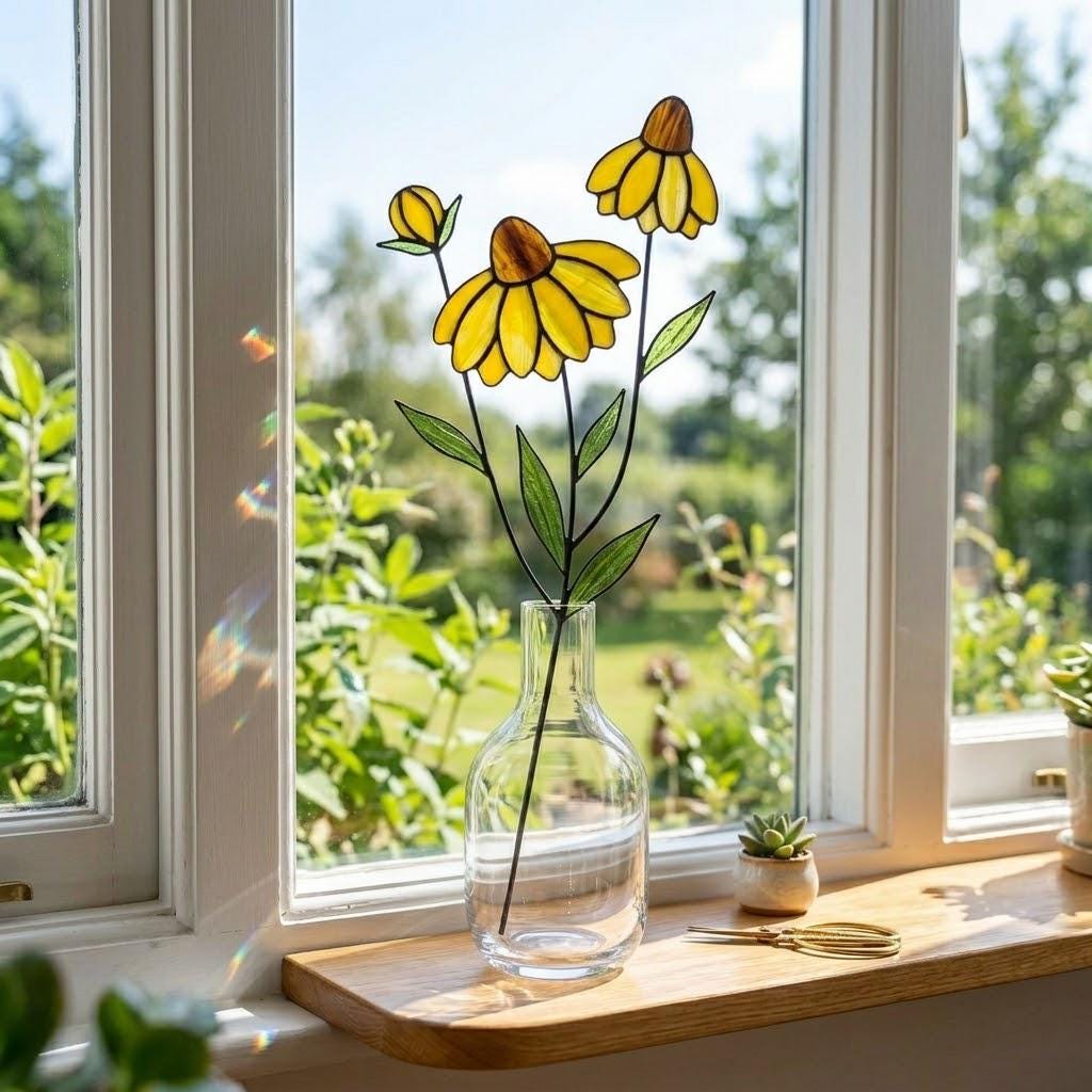 Handcrafted stained glass coneflower black eyed susan family bouquet standing on a custom personalized engraved wooden base casting colored shadows, perfect Mom's garden Mother's Day desk decor gift.
