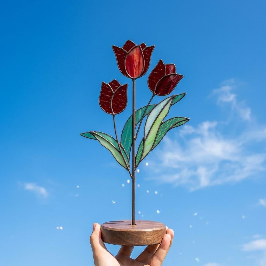 Handmade 3D red tulip stained glass flower standing on a solid walnut wood base, casting vibrant colored shadows in hard sunlight, perfect for Mother's Day gift and botanical cottagecore desk decor.