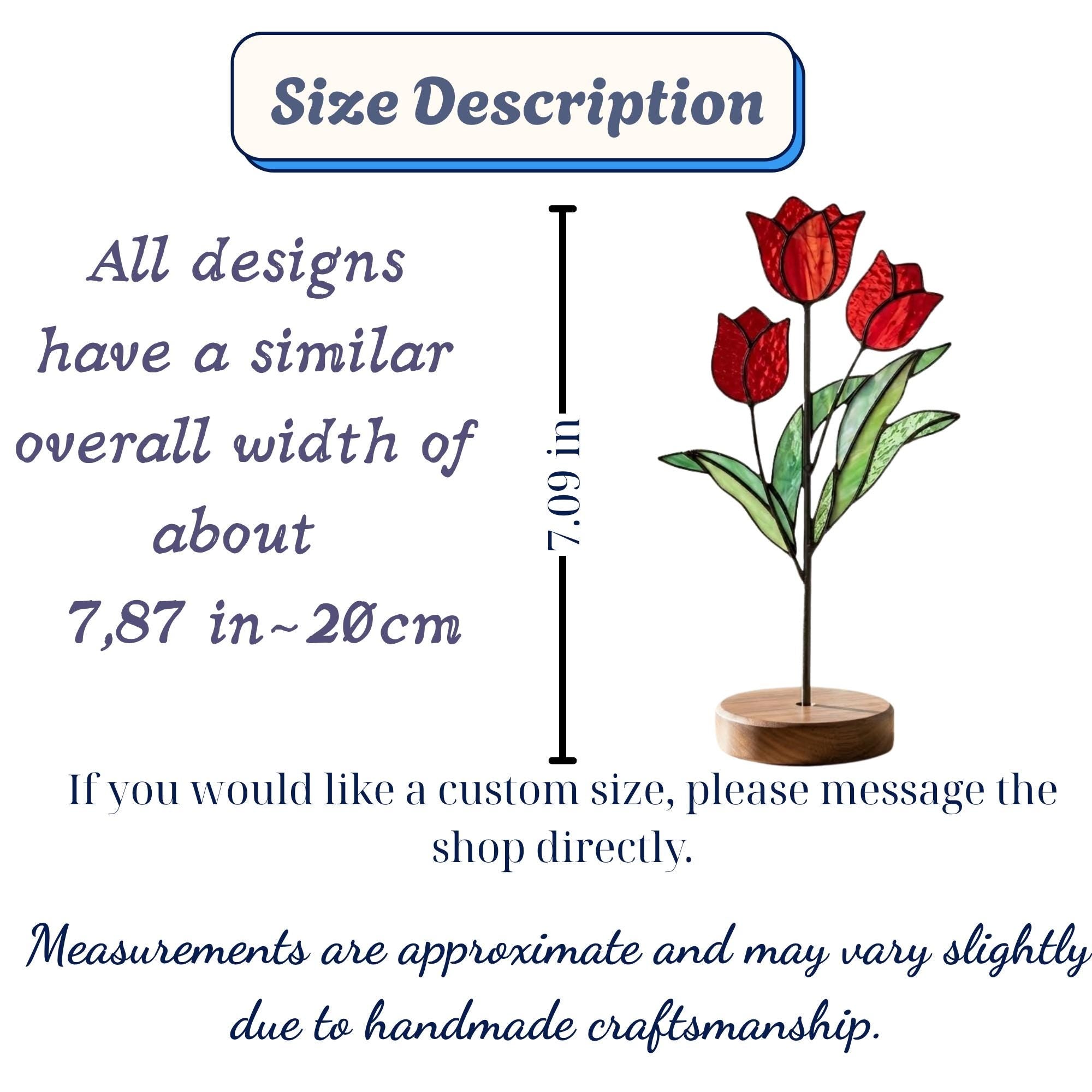 Handmade 3D red tulip stained glass flower standing on a solid walnut wood base, casting vibrant colored shadows in hard sunlight, perfect for Mother's Day gift and botanical cottagecore desk decor.