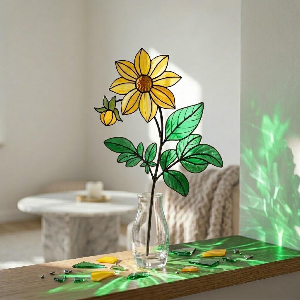 Handmade 3D yellow Dahlia stained glass flower casting vibrant colored shadows, available with a custom engraved wooden base or standalone for vase display, perfect for personalized Mother's Day gift and August birth flower desk decor.