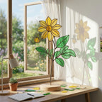 Handmade 3D yellow Dahlia stained glass flower casting vibrant colored shadows, available with a custom engraved wooden base or standalone for vase display, perfect for personalized Mother's Day gift and August birth flower desk decor.