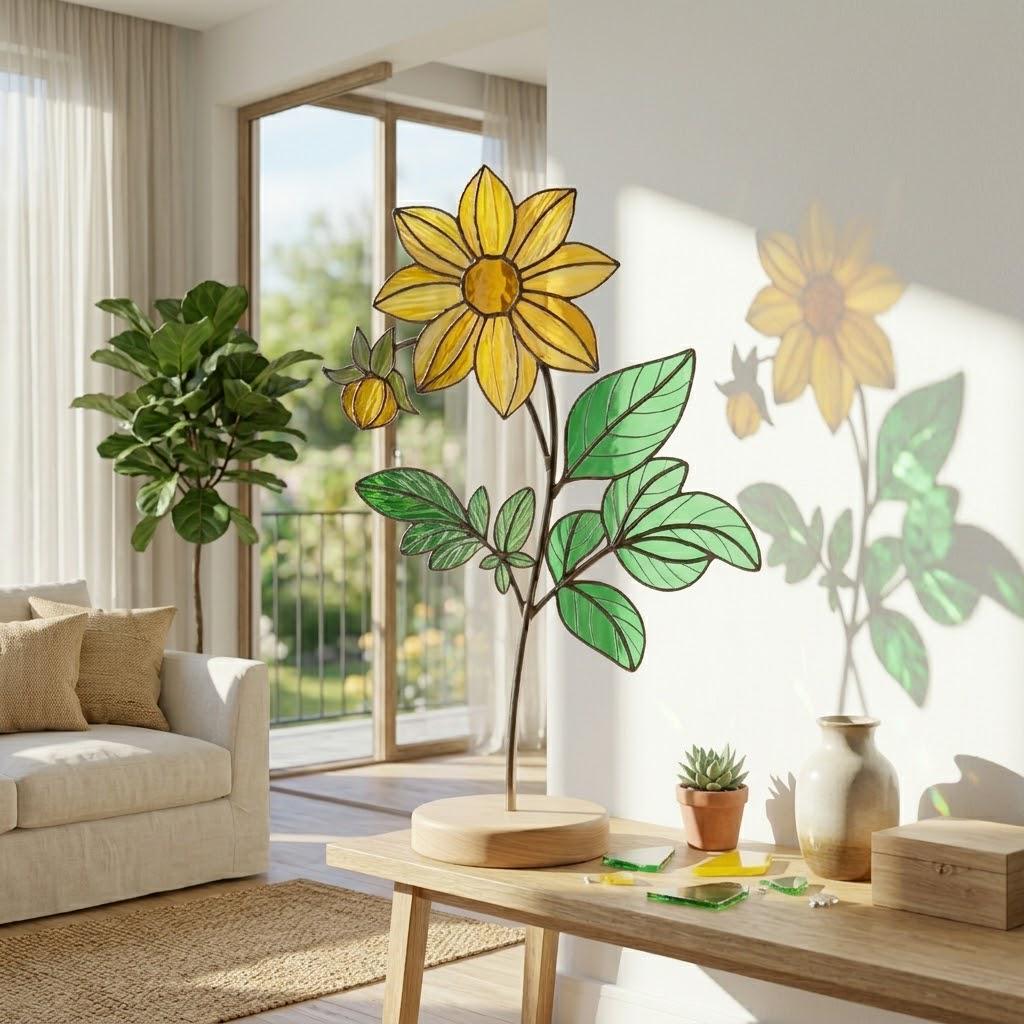 Handmade 3D yellow Dahlia stained glass flower casting vibrant colored shadows, available with a custom engraved wooden base or standalone for vase display, perfect for personalized Mother's Day gift and August birth flower desk decor.