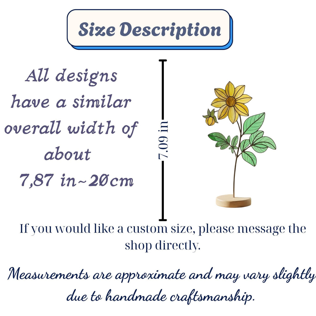Handmade 3D yellow Dahlia stained glass flower casting vibrant colored shadows, available with a custom engraved wooden base or standalone for vase display, perfect for personalized Mother's Day gift and August birth flower desk decor.