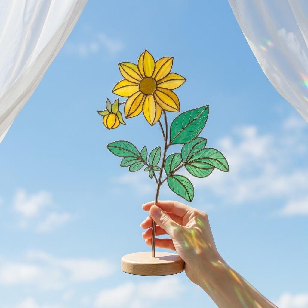 Handmade 3D yellow Dahlia stained glass flower casting vibrant colored shadows, available with a custom engraved wooden base or standalone for vase display, perfect for personalized Mother's Day gift and August birth flower desk decor.