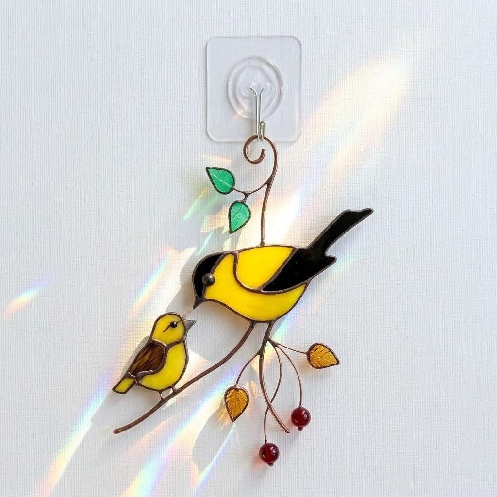 Goldfinch Stained Glass Suncatcher | Mom and Baby Yellow Bird Art | Mother's Day Gift for Mom | Spring Window Decor | Bird Watcher Gift