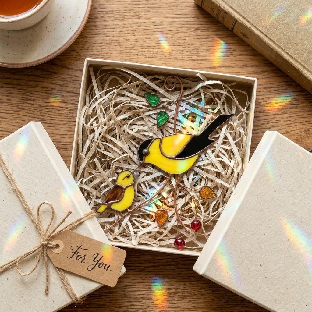 Goldfinch Stained Glass Suncatcher | Mom and Baby Yellow Bird Art | Mother's Day Gift for Mom | Spring Window Decor | Bird Watcher Gift