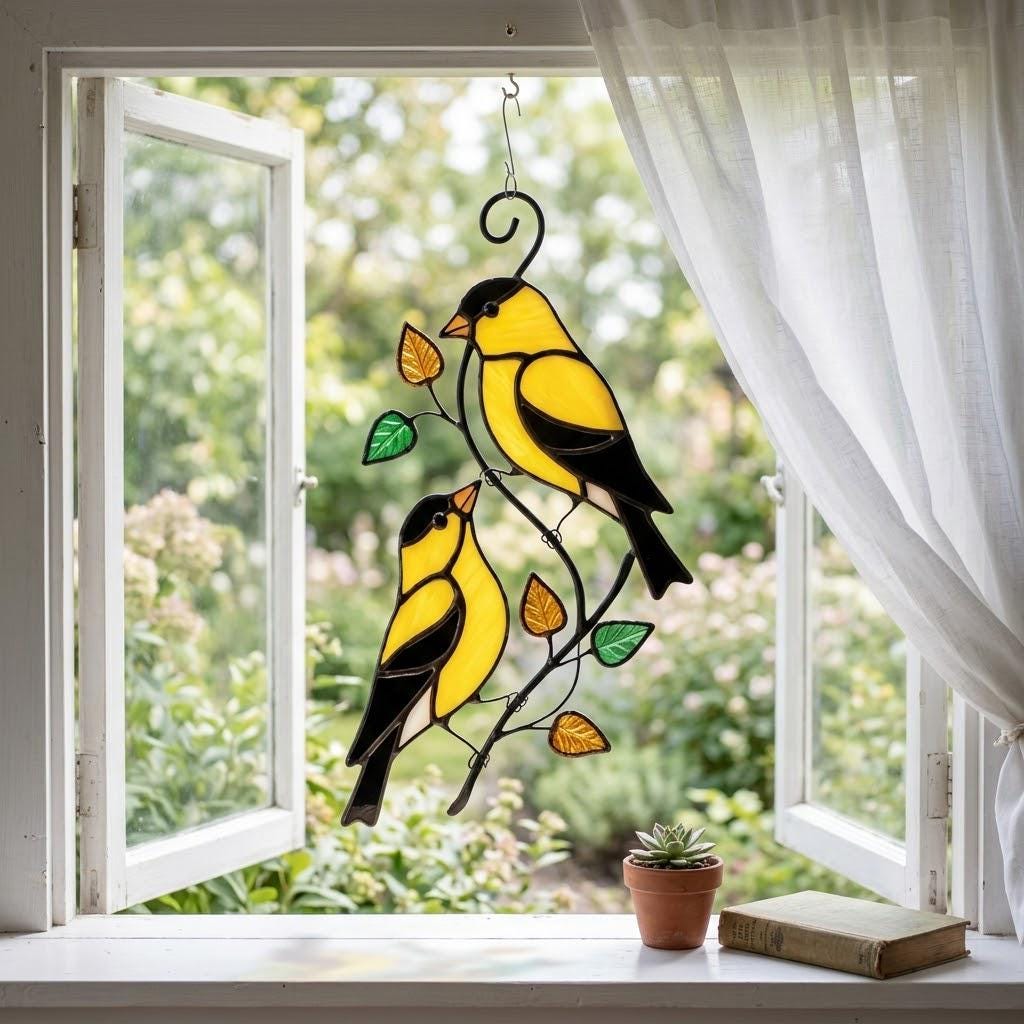 Goldfinch Stained Glass Suncatcher | Mom and Baby Yellow Bird Art | Mother's Day Gift for Mom | Spring Window Decor | Bird Watcher Gift